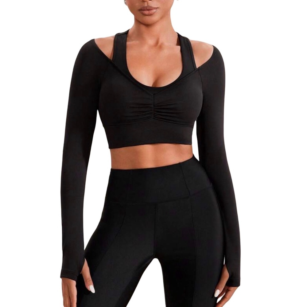 Fabletics Black Ruched Sports Bra Long Sleeve Activewear Size Large